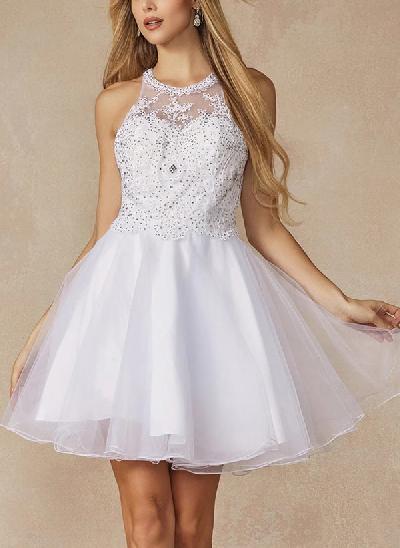 A-Line Sleeveless Lace/Tulle Homecoming Dresses With Appliques Lace