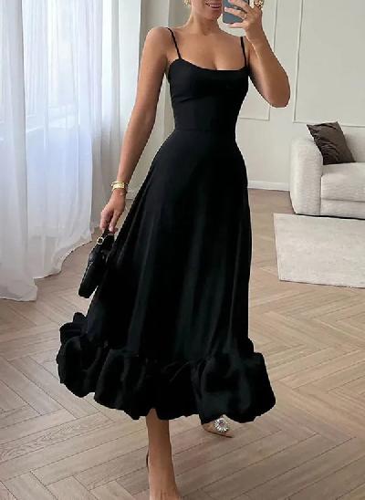 A-Line Square Neckline Sleeveless Tea-Length Elastic Satin Cocktail Dresses