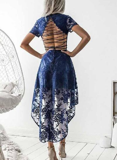 A-Line V-Neck Short Sleeves Asymmetrical Lace Homecoming Dresses
