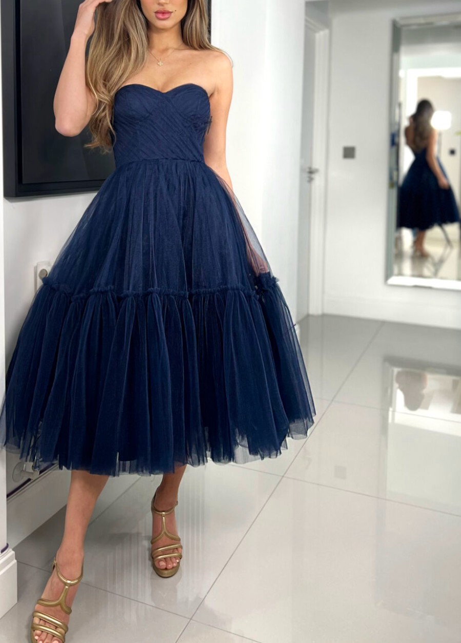 Strapless Tulle A-Line Tea-Length Blue Homecoming Dresses