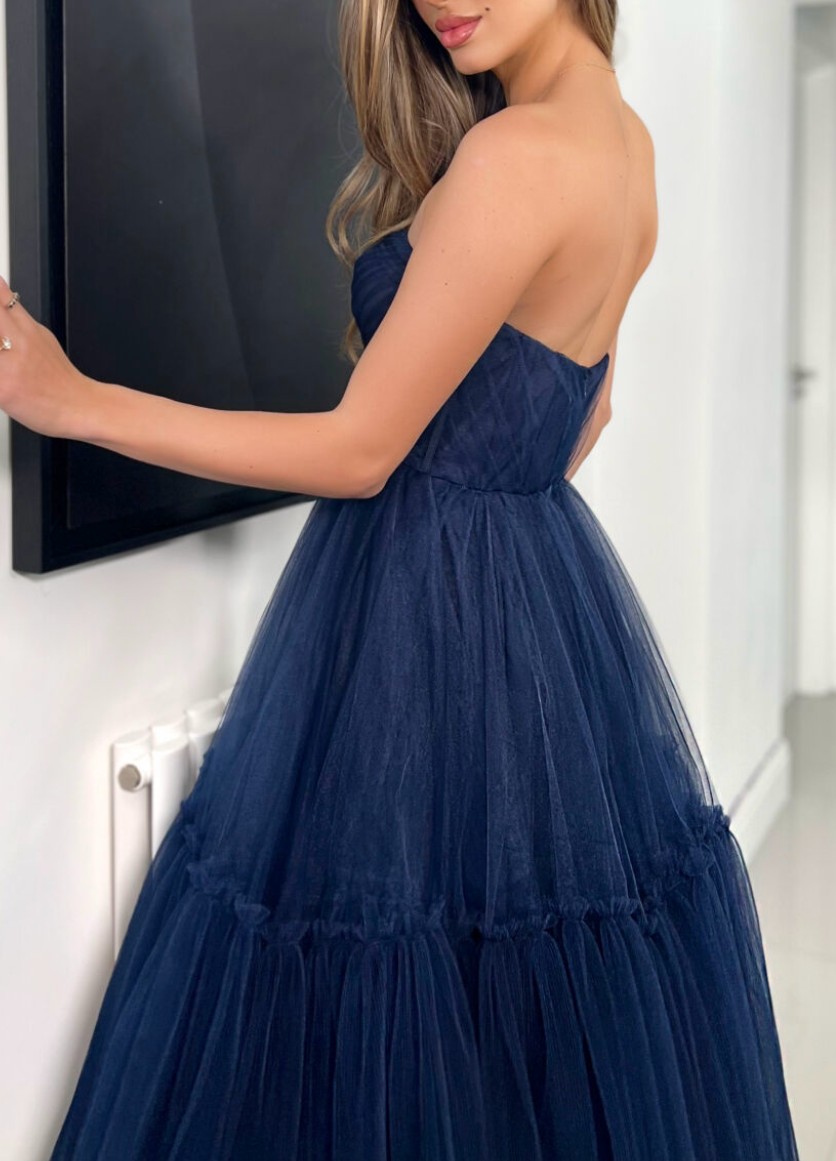 Strapless Tulle A-Line Tea-Length Blue Homecoming Dresses