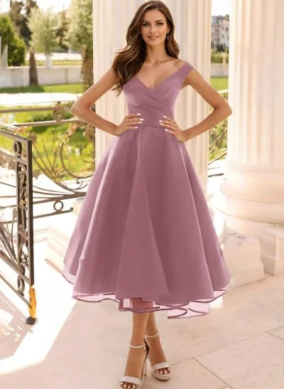 Missacc Blush Homecoming Dresses Simple Cap Shoulder A-Line Tea-Length Homecoming Dresses