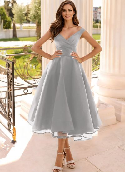 Simple Cap Shoulder A-Line Tea-Length Homecoming Dresses