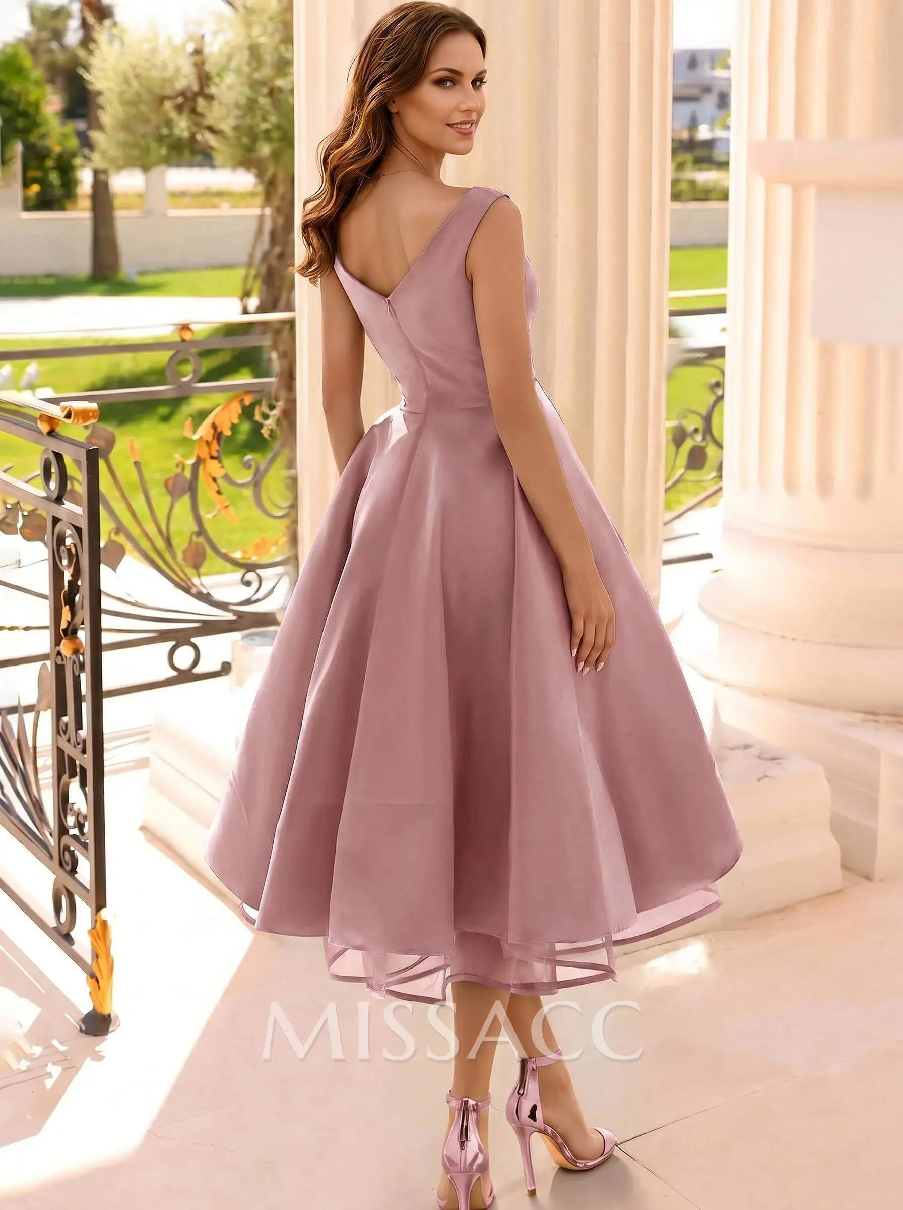 Missacc Blush Homecoming Dresses Simple Cap Shoulder A-Line Tea-Length Homecoming Dresses