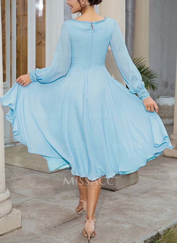 A-Line Scoop Neck Long Sleeves Chiffon Mother Of The Bride Dresses With Beading