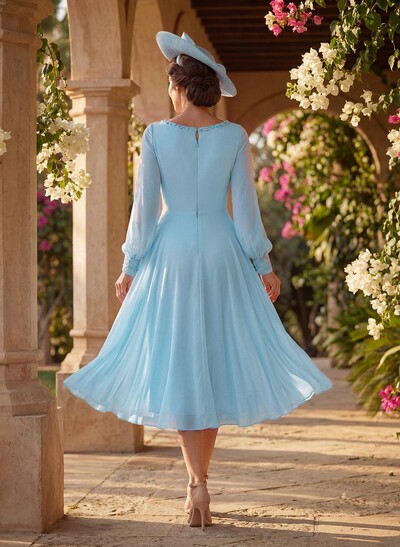 A-Line Scoop Neck Long Sleeves Chiffon Mother Of The Bride Dresses With Beading