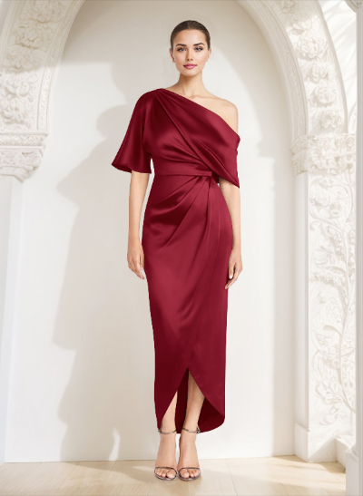 Sheath/Column Asymmetrical Sleeveless Satin Bridesmaid Dresses With Ruffle
