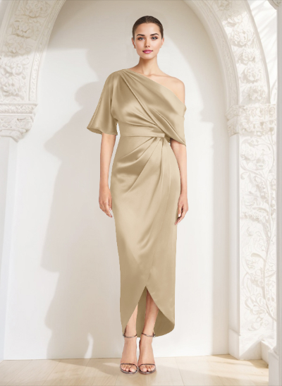 Sheath/Column Asymmetrical Sleeveless Satin Bridesmaid Dresses With Ruffle