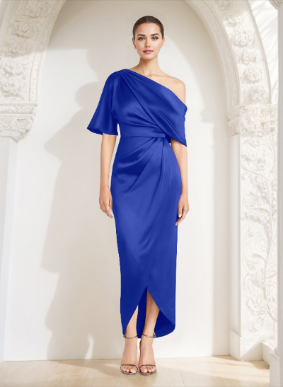 Sheath/Column Asymmetrical Neck Satin Mother Of The Bride Dresses With Ruffle