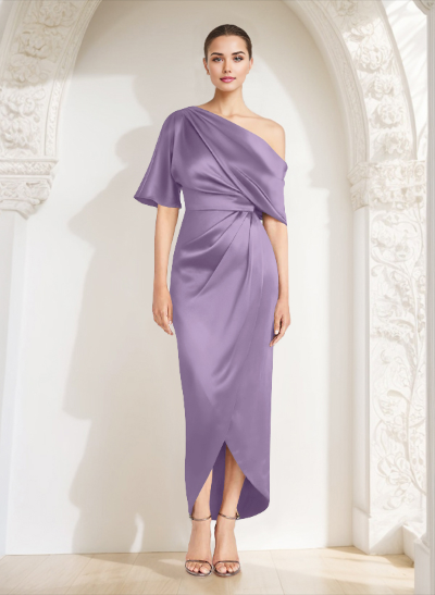 Sheath/Column Asymmetrical Neck Satin Mother Of The Bride Dresses With Ruffle