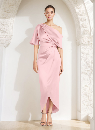 Sheath/Column Asymmetrical Neck Satin Mother Of The Bride Dresses With Ruffle
