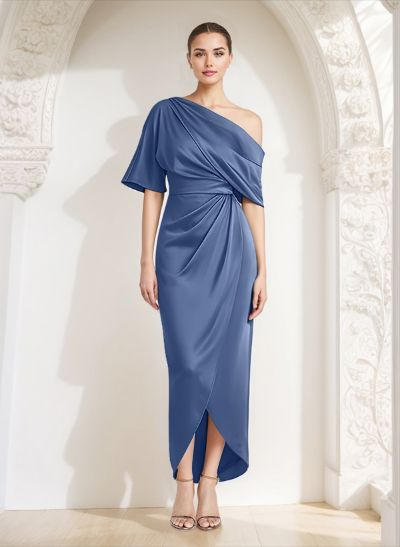 Sheath/Column Asymmetrical Neck Satin Mother Of The Bride Dresses With Ruffle