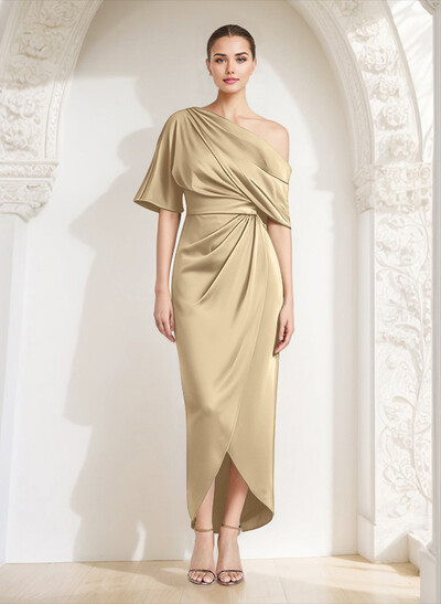 Sheath/Column Asymmetrical Neck Satin Mother Of The Bride Dresses With Ruffle