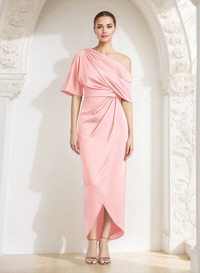 Sheath/Column Asymmetrical Neck Satin Mother Of The Bride Dresses With Ruffle