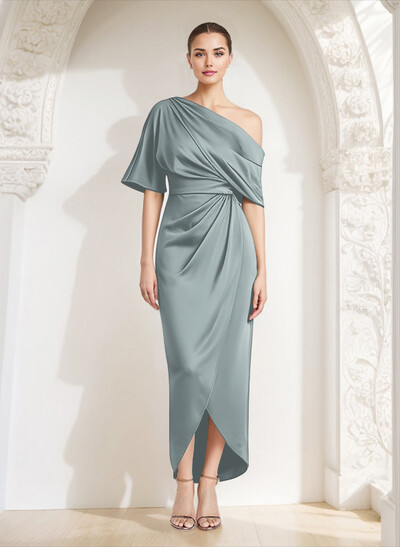 Sheath/Column Asymmetrical Neck Satin Mother Of The Bride Dresses With Ruffle