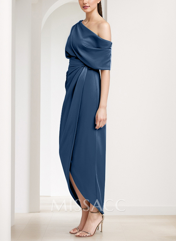 Sheath/Column Asymmetrical Neck Satin Mother Of The Bride Dresses With Ruffle Sheath/Column Asymmetrical Neck Satin Mother Of The Bride Dresses With Ruffle