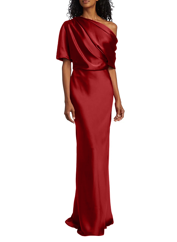 Sheath/Column One-Shoulder Short Sleeves Floor-Length Satin Bridesmaid Dresses