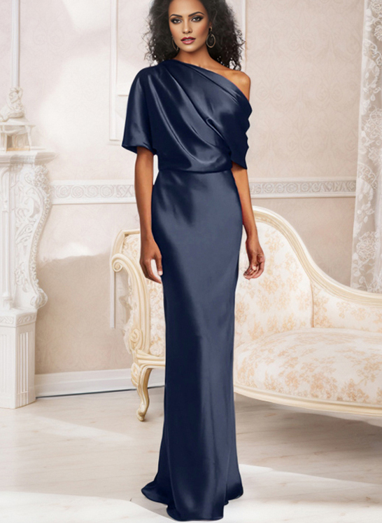 Sheath/Column V-Neck Stretch Satin Mother Of The Bride Dresses with Watteau Train 3/4 Sleeves Ankle-Length