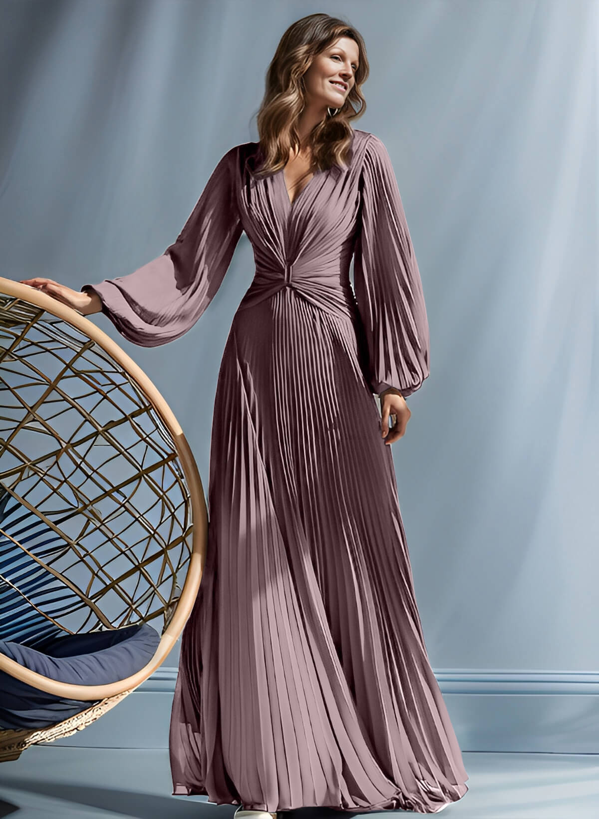 A-Line V-Neck Long Sleeves Floor-Length Chiffon Mother Of The Bride Dresses