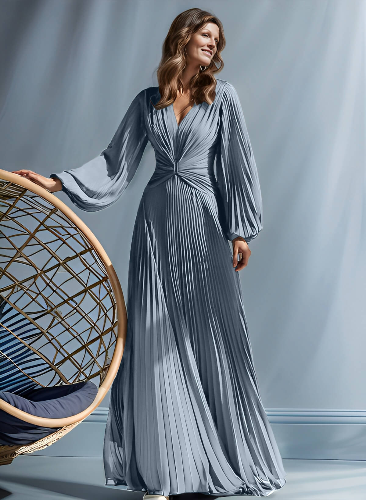 A-Line V-Neck Long Sleeves Floor-Length Chiffon Mother Of The Bride Dresses