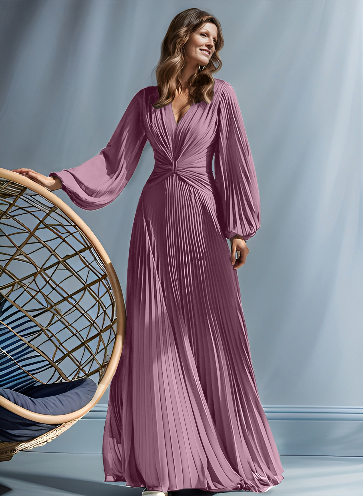 A-Line V-Neck Long Sleeves Floor-Length Chiffon Mother Of The Bride Dresses