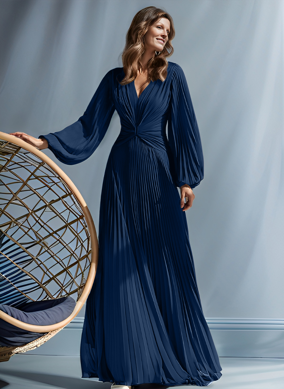 A-Line V-Neck Long Sleeves Floor-Length Chiffon Mother Of The Bride Dresses