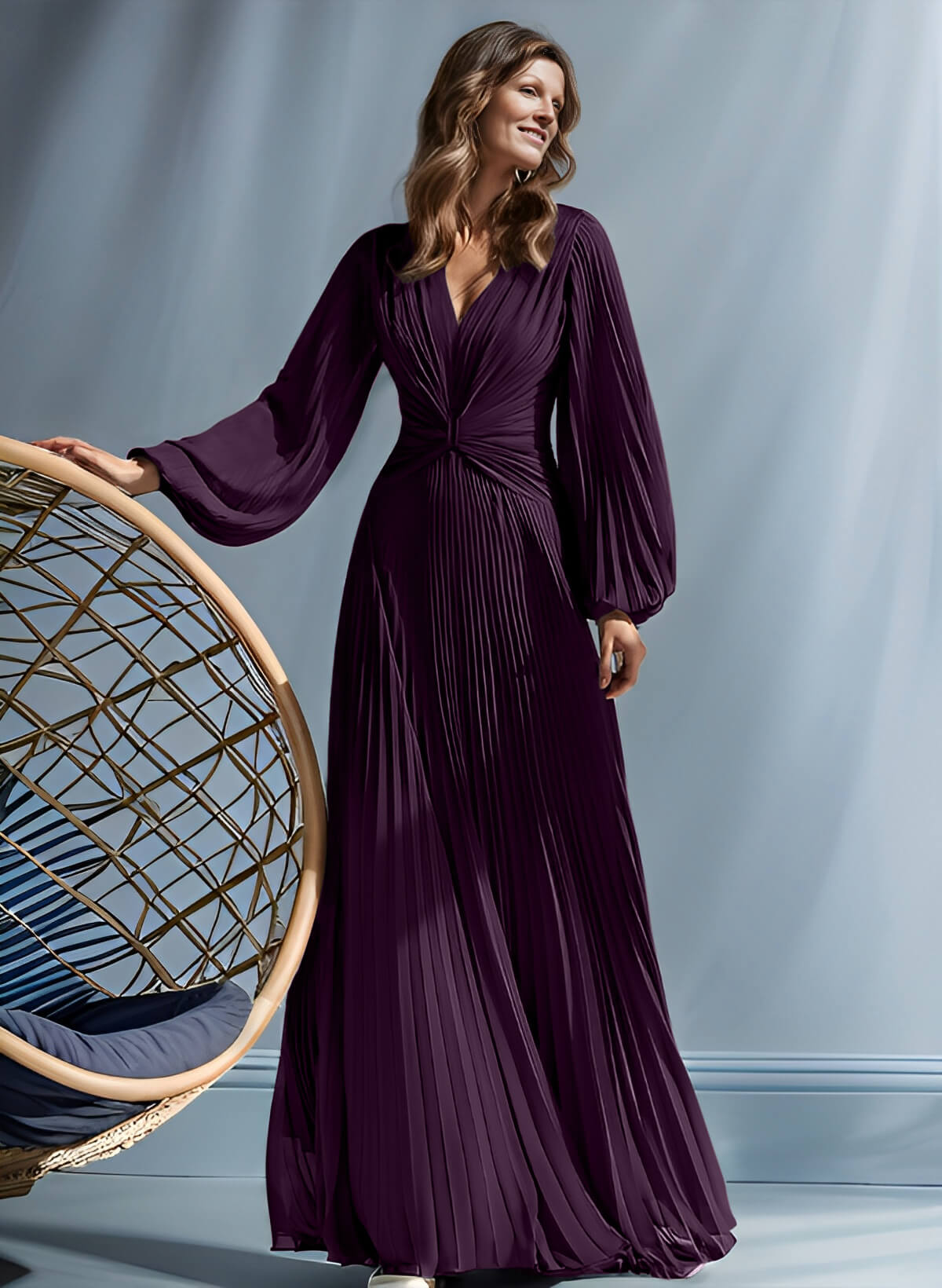 A-Line V-Neck Long Sleeves Floor-Length Chiffon Mother Of The Bride Dresses