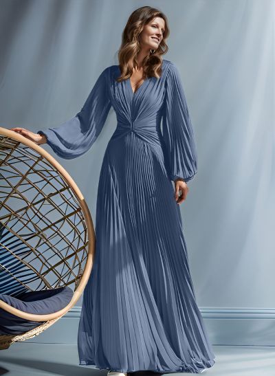 A-Line V-Neck Long Sleeves Floor-Length Chiffon Mother Of The Bride Dresses