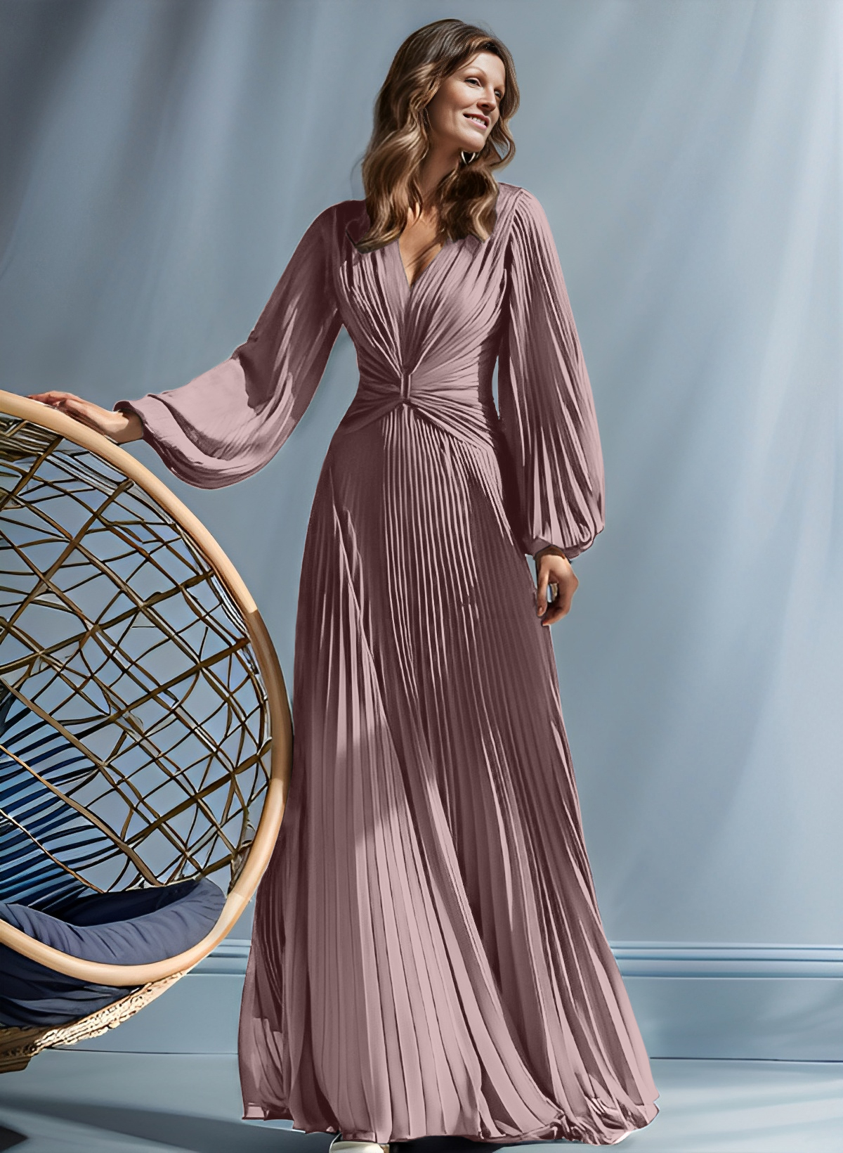 A-Line V-Neck Long Sleeves Floor-Length Chiffon Mother Of The Bride Dresses
