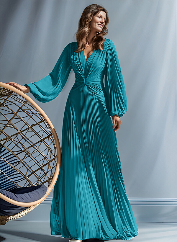 A-Line V-Neck Long Sleeves Floor-Length Chiffon Mother Of The Bride Dresses
