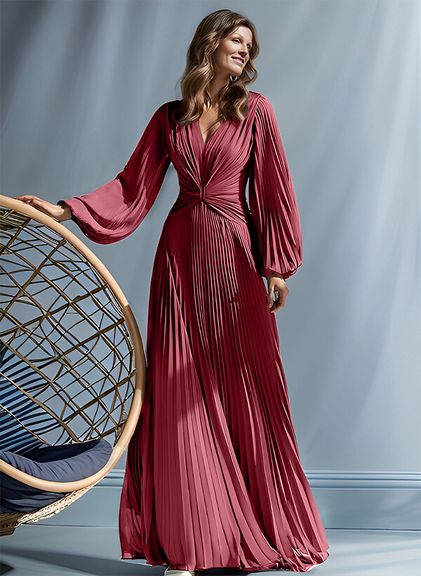 A-Line V-Neck Long Sleeves Floor-Length Chiffon Mother Of The Bride Dresses
