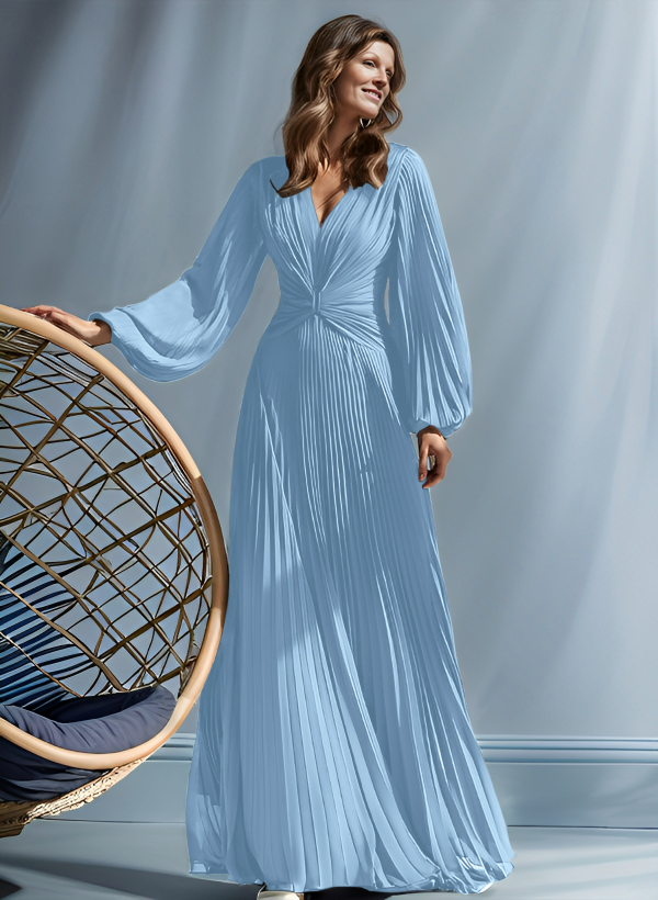 A-Line V-Neck Long Sleeves Floor-Length Chiffon Mother Of The Bride Dresses
