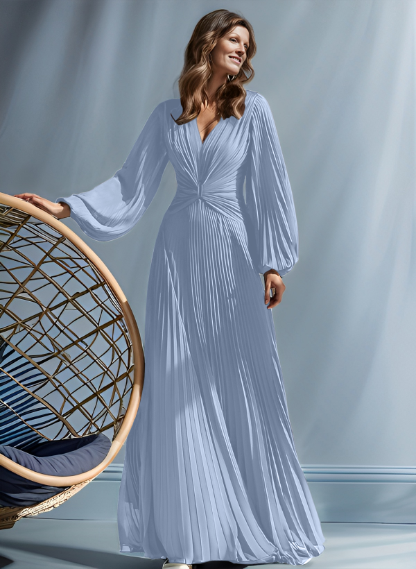 A-Line V-Neck Long Sleeves Floor-Length Chiffon Mother Of The Bride Dresses
