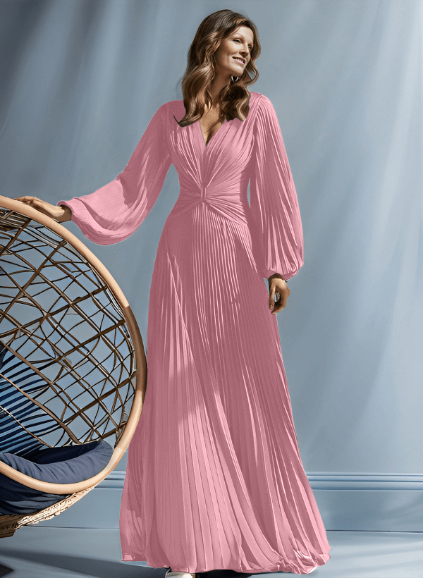 A-Line V-Neck Long Sleeves Floor-Length Chiffon Mother Of The Bride Dresses