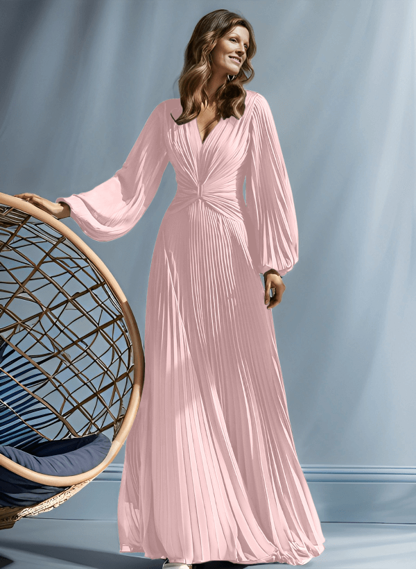 A-Line V-Neck Long Sleeves Floor-Length Chiffon Mother Of The Bride Dresses