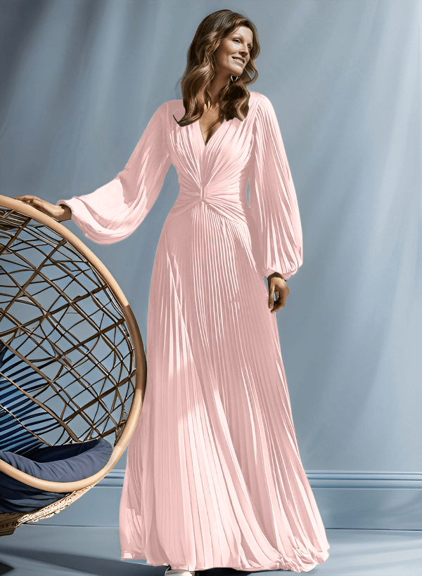 A-Line V-Neck Long Sleeves Floor-Length Chiffon Mother Of The Bride Dresses