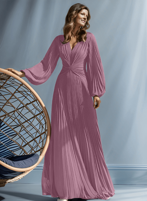 A-Line V-Neck Long Sleeves Floor-Length Chiffon Mother Of The Bride Dresses