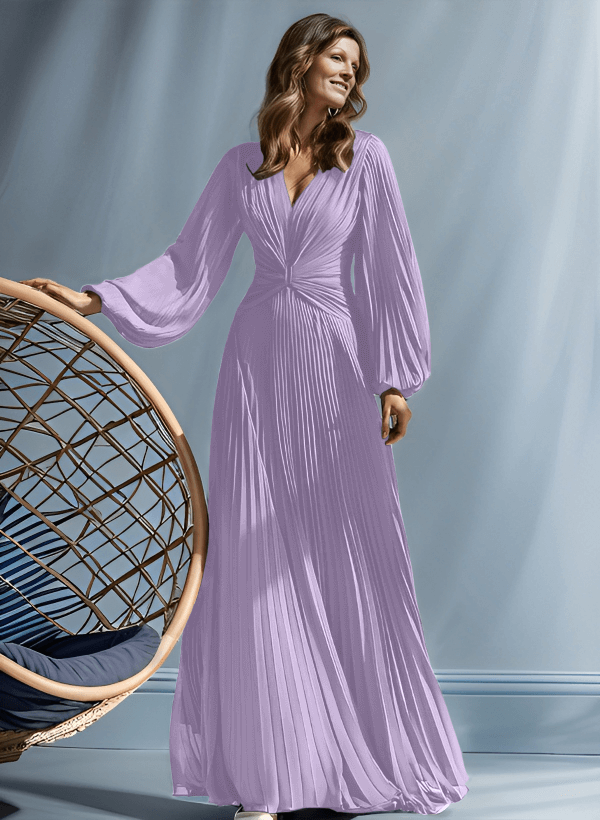 A-Line V-Neck Long Sleeves Floor-Length Chiffon Mother Of The Bride Dresses