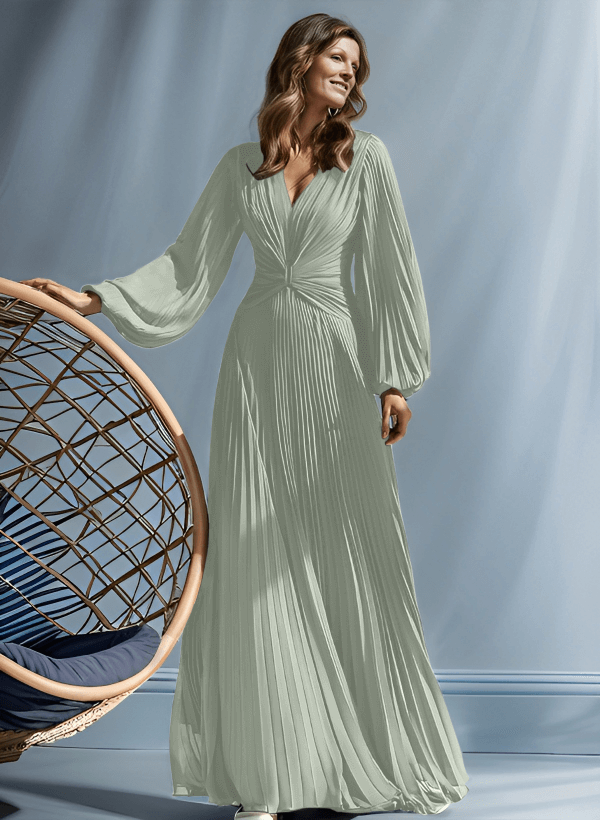 A-Line V-Neck Long Sleeves Floor-Length Chiffon Mother Of The Bride Dresses