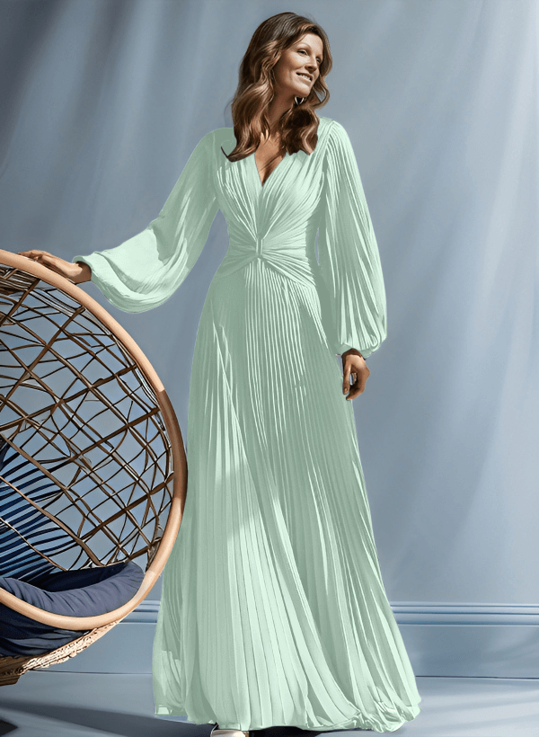 A-Line V-Neck Long Sleeves Floor-Length Chiffon Mother Of The Bride Dresses