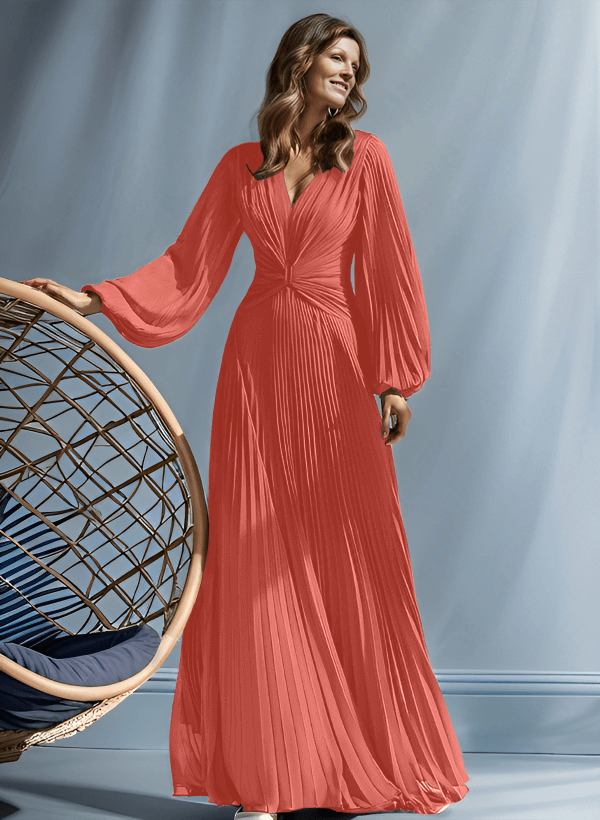 A-Line V-Neck Long Sleeves Floor-Length Chiffon Mother Of The Bride Dresses