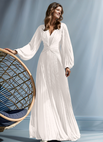 A-Line V-Neck Long Sleeves Floor-Length Chiffon Mother Of The Bride Dresses