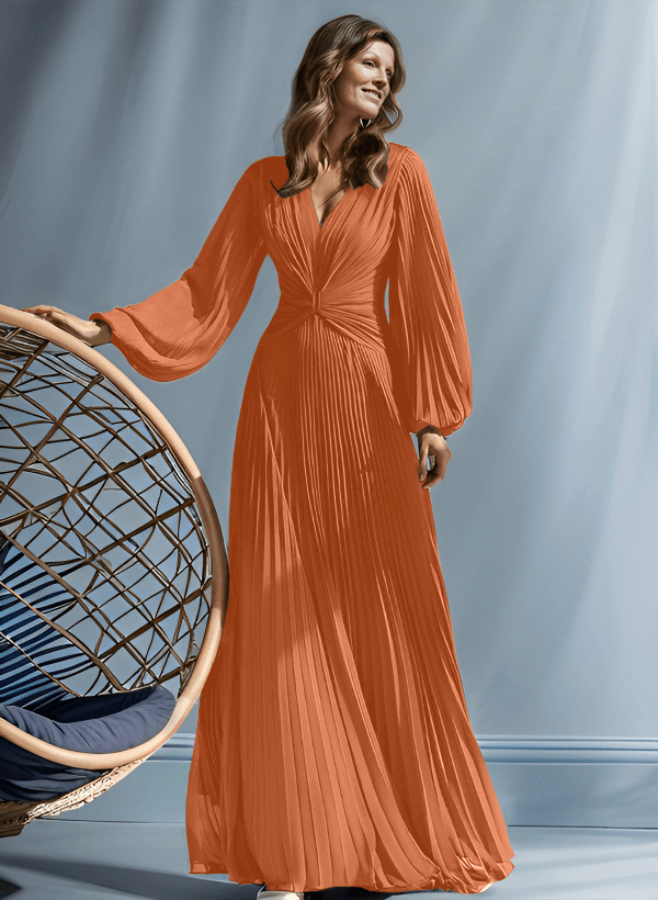 A-Line V-Neck Long Sleeves Floor-Length Chiffon Mother Of The Bride Dresses