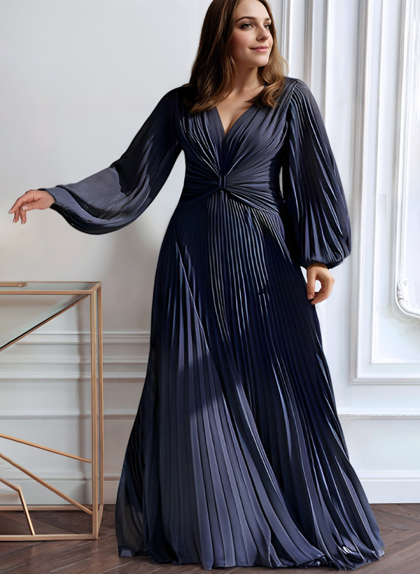A-Line V-Neck Long Sleeves Floor-Length Chiffon Mother Of The Bride Dresses