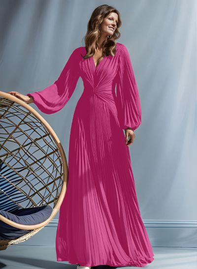 A-Line V-Neck Long Sleeves Floor-Length Chiffon Mother Of The Bride Dresses