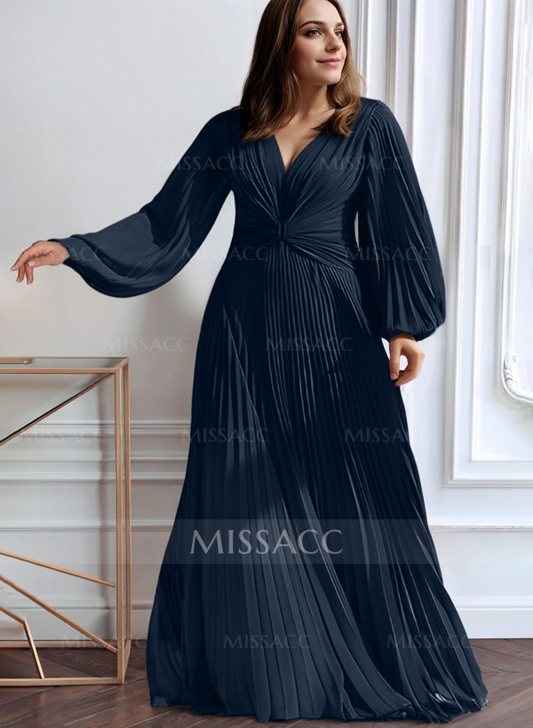 A-Line V-Neck Long Sleeves Floor-Length Chiffon Mother Of The Bride Dresses