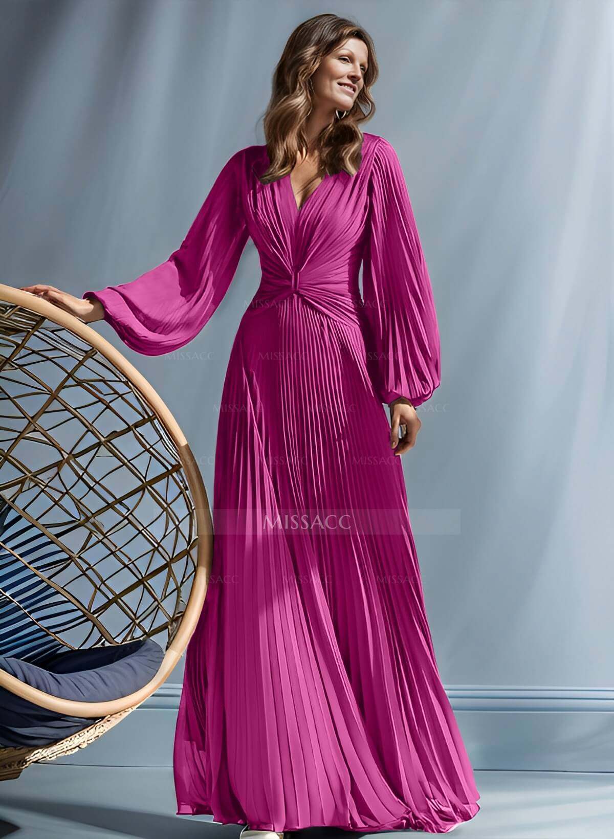 A-Line V-Neck Long Sleeves Floor-Length Chiffon Mother Of The