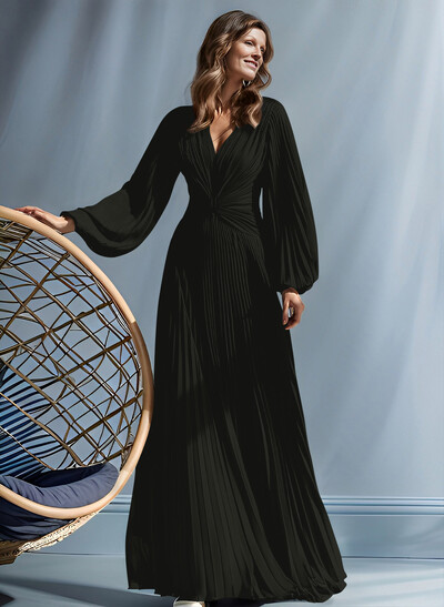 A-Line V-Neck Long Sleeves Floor-Length Chiffon Mother Of The Bride Dresses