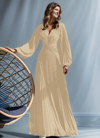 A-Line V-Neck Long Sleeves Floor-Length Chiffon Mother Of The Bride Dresses