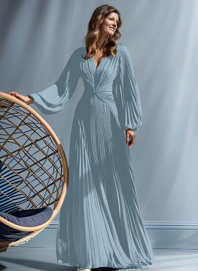 A-Line V-Neck Long Sleeves Floor-Length Chiffon Mother Of The Bride Dresses